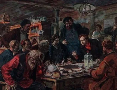Peinture représentant une "kabak" - taverne russe